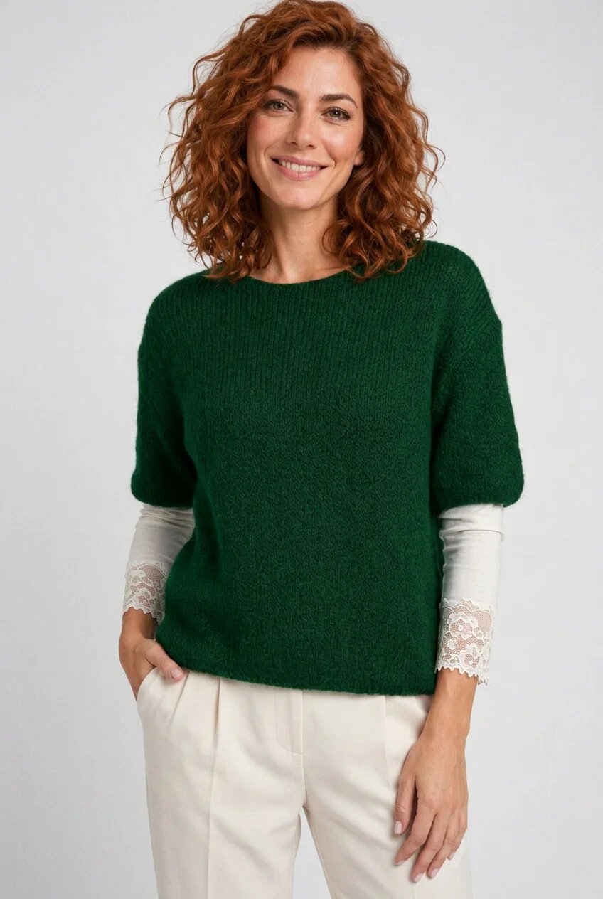 Shopika Pulover pufos cu maneca scurta cu mohair si lana verde inchis