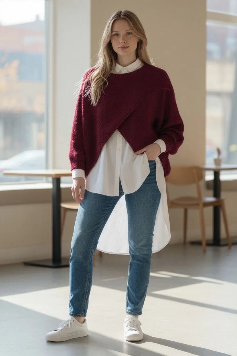 Shopika Pulover tip poncho petrecut asimetric cu lana bordo