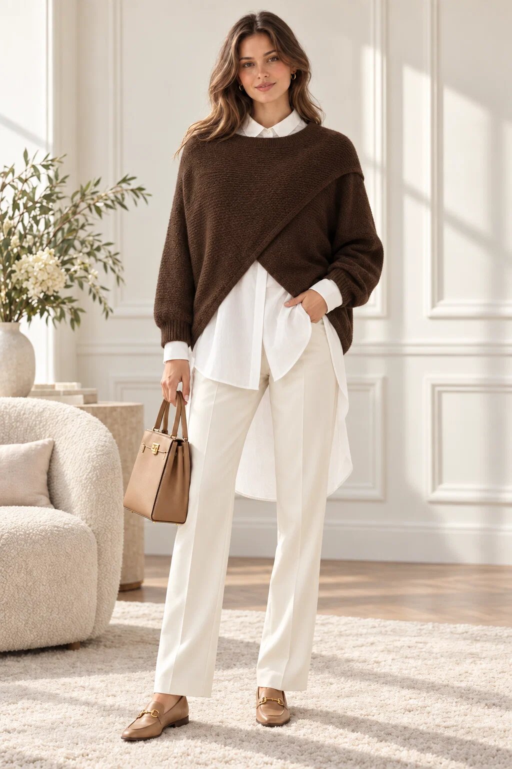 Shopika Pulover tip poncho petrecut asimetric cu lana maro