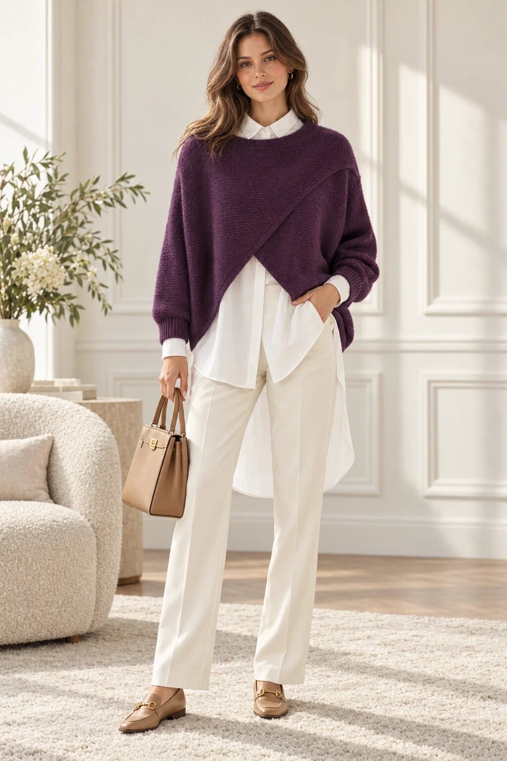 Shopika Pulover tip poncho petrecut asimetric cu lana mov inchis