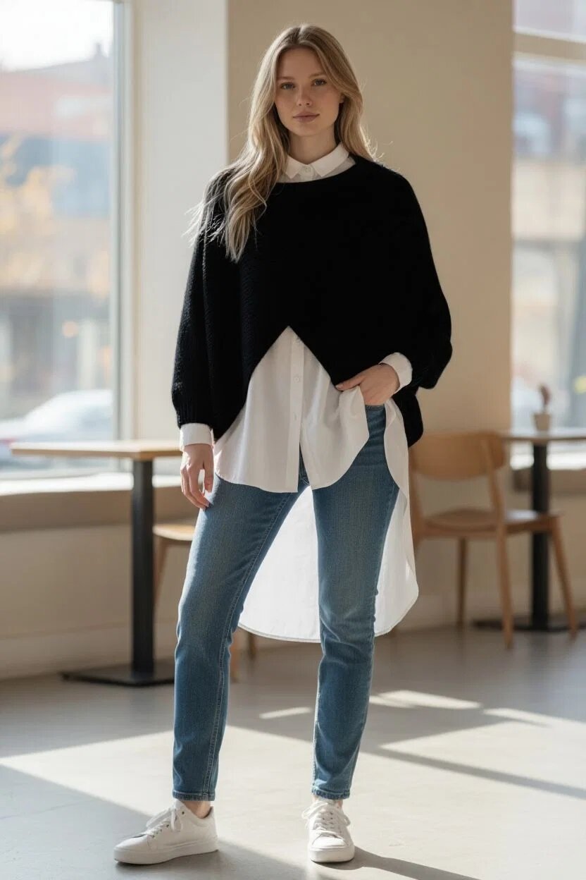 Shopika Pulover tip poncho petrecut asimetric cu lana negru