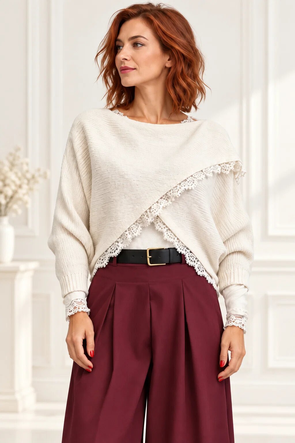 Shopika Pulover tip poncho petrecut asimetric cu lana si dantela alb ivory