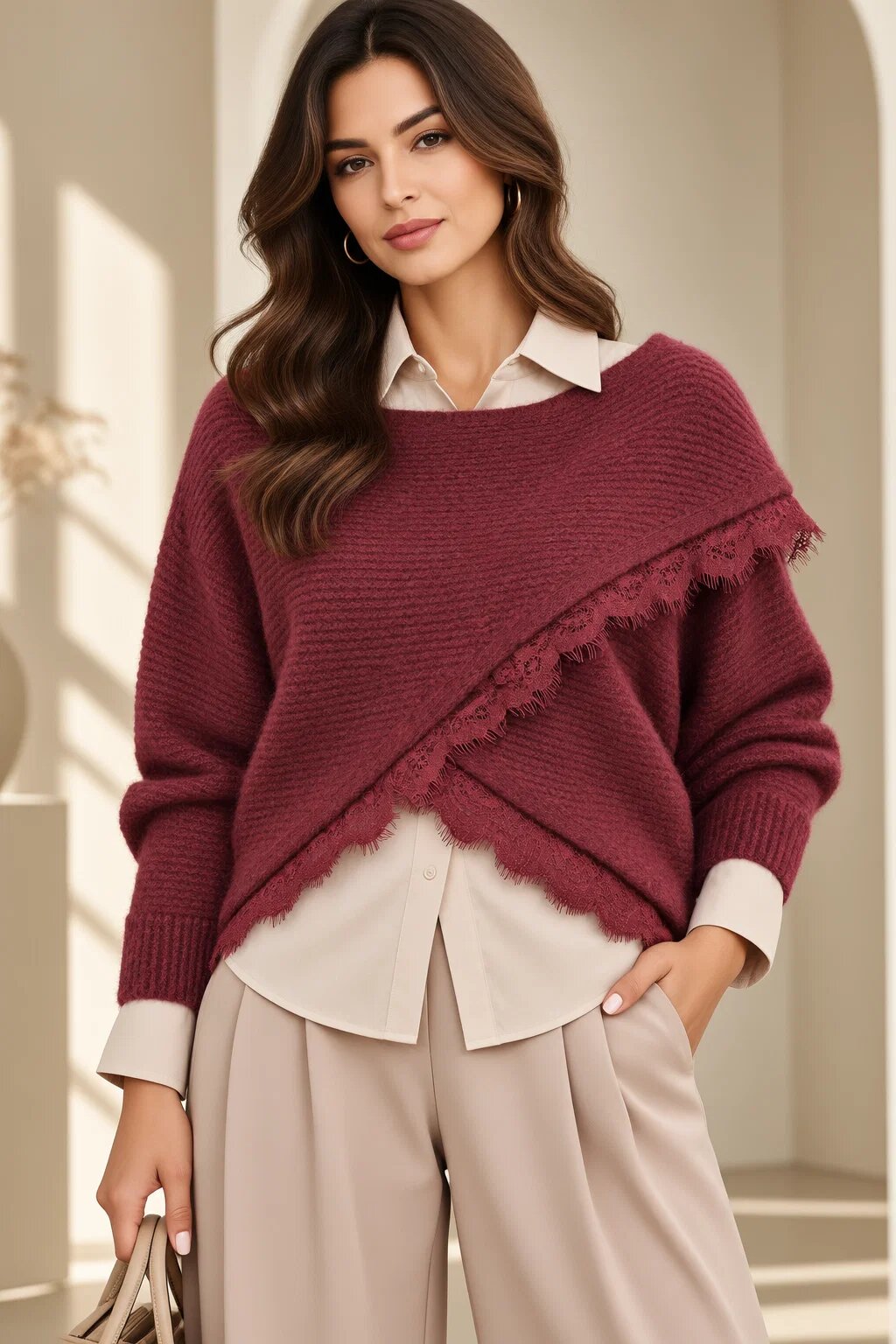 Shopika Pulover tip poncho petrecut asimetric cu lana si dantela bordo