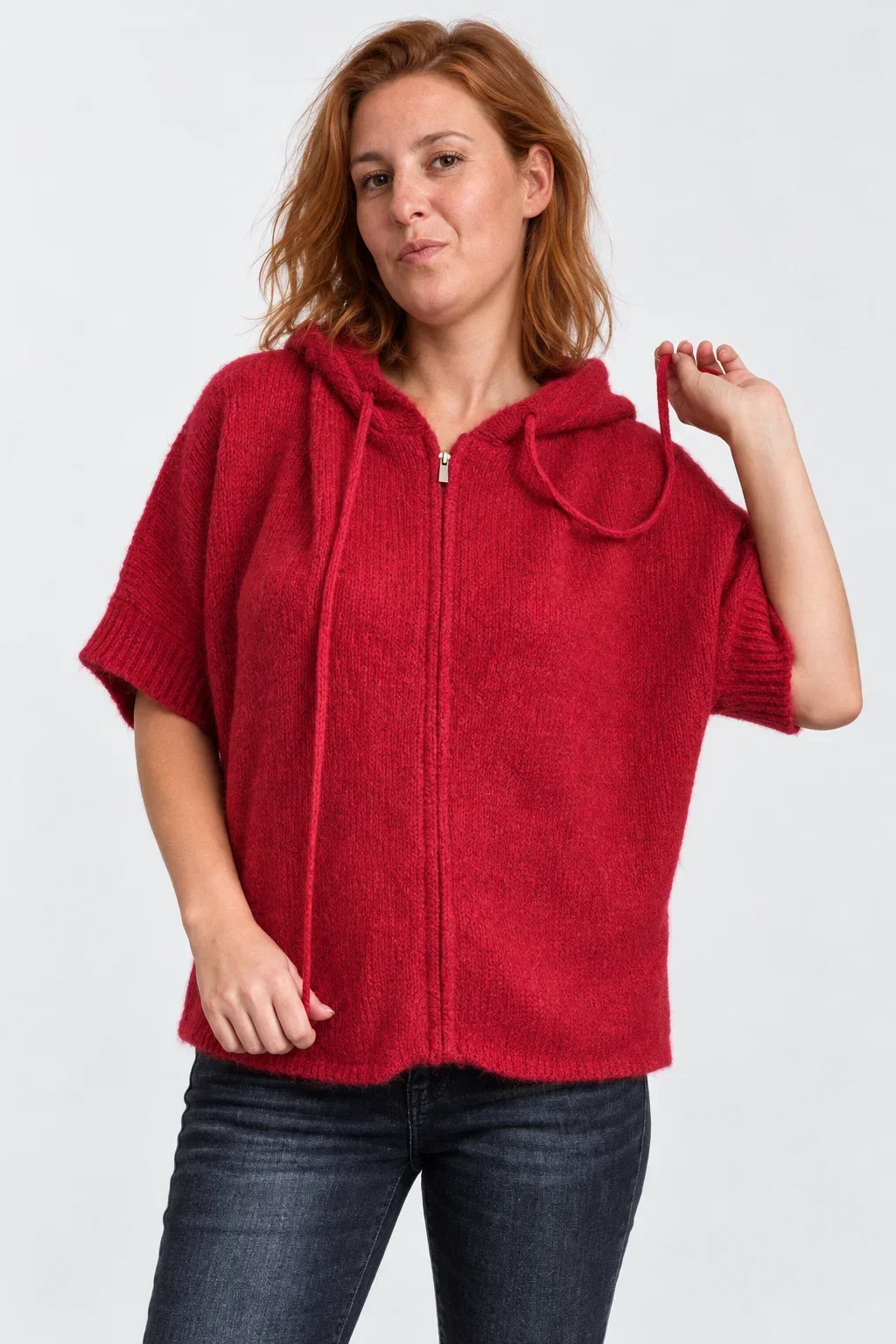 Shopika Pulover versatil cu maneca fluture fermoar si gluga rosu cu amestec de lana si mohair - Copie