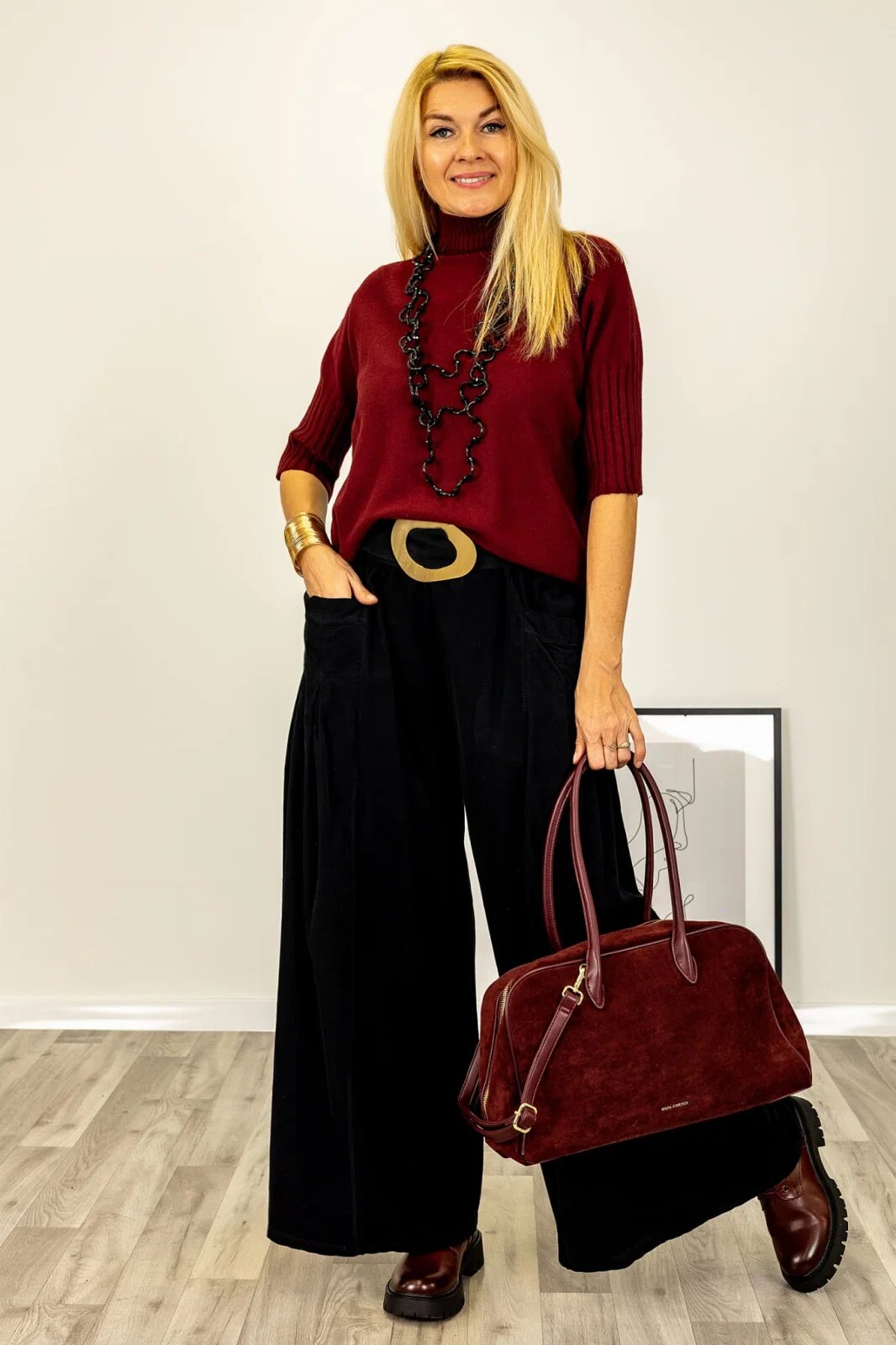 Shopika Pulover versatil cu maneci scurte ribbed si guler inalt din vascoza bordo