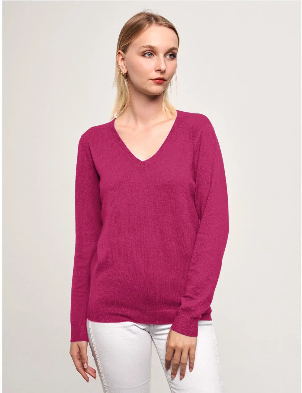 Shopika Puloveras cu decolteu in V din tricotaj fin fucsia