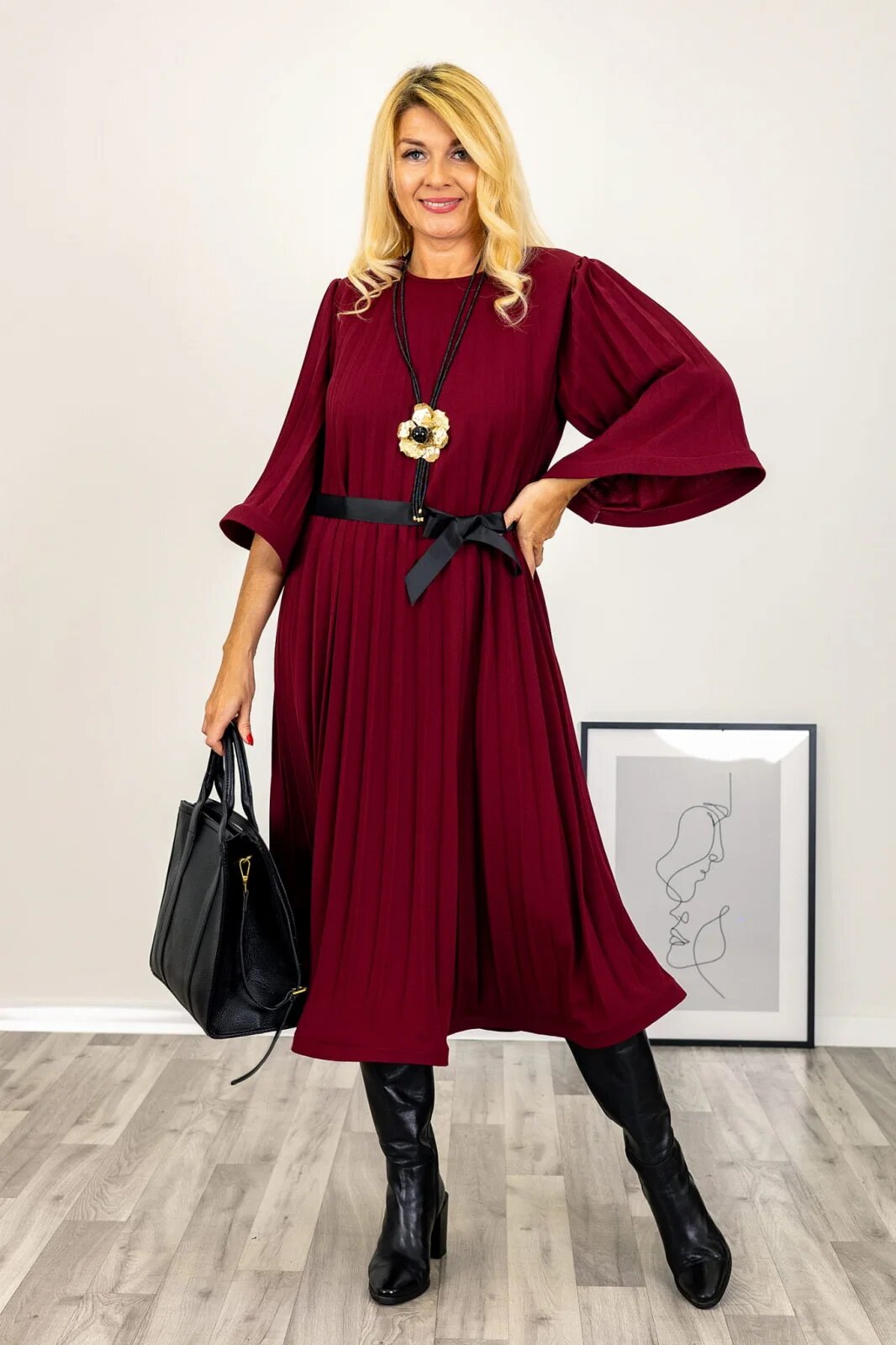 Shopika Rochie A-line rosie plisata cu maneca clopot si cordon
