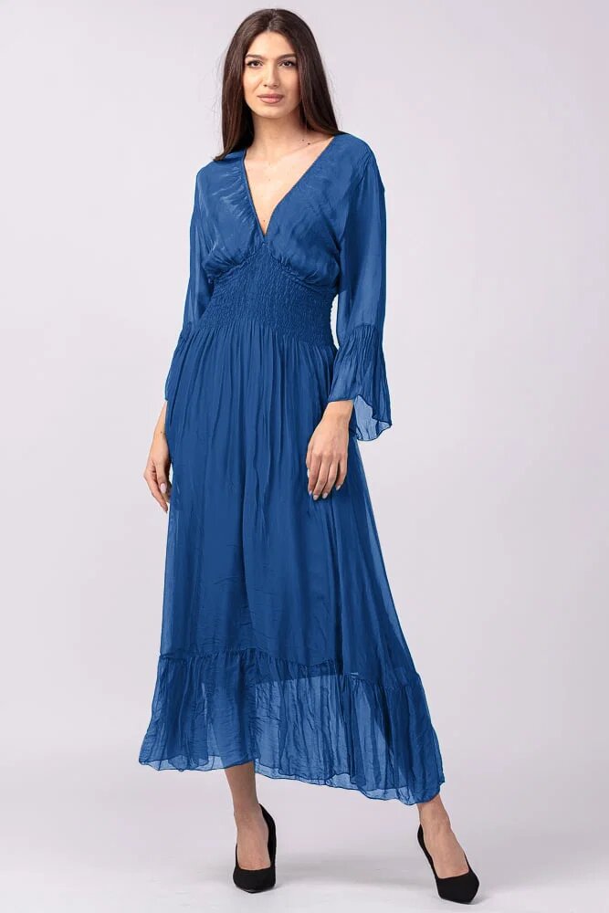 Shopika Rochie albastra din matase si vascoza cu banda elastica in talie si volane