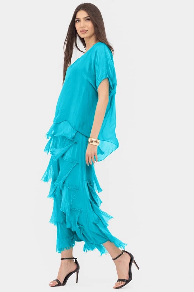 Shopika Rochie albastru azur din matase si vascoza cu volane franjurate suprapuse