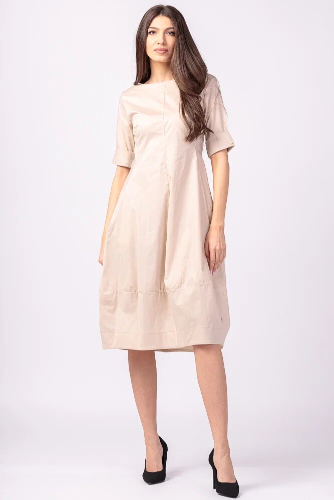 Shopika Rochie bej lalea cambrata cu fermoar din poplin de bumbac