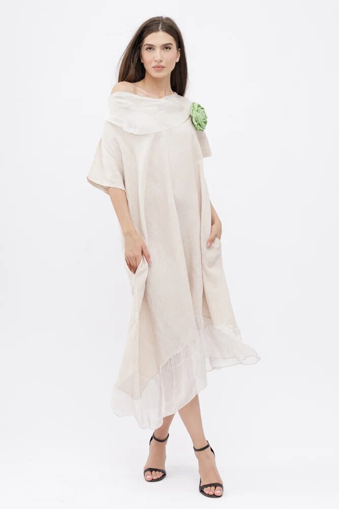 Shopika Rochie bej usor asimetrica A-line din in cu guler si volan din matase oversize