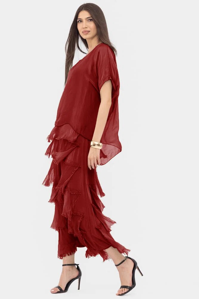 Shopika Rochie bordo din matase si vascoza cu volane franjurate suprapuse