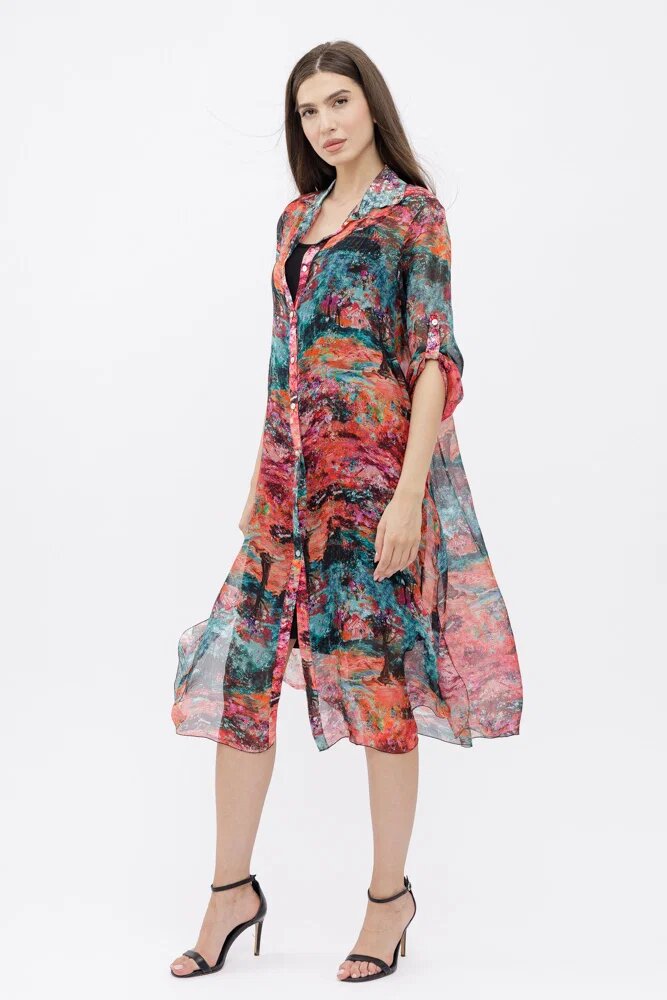 Shopika Rochie camasa A-line din matase si vascoza cu dublura imprimeu pictural cu rosu si turcoaz