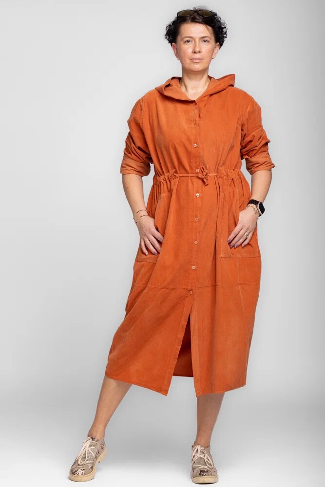 Shopika Rochie camasa din catifea reiata cu gluga si siret in talie caramizie