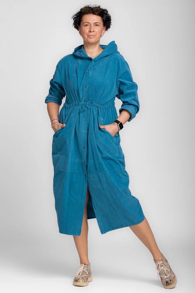 Shopika Rochie camasa din catifea reiata cu gluga si siret in talie turcoaz
