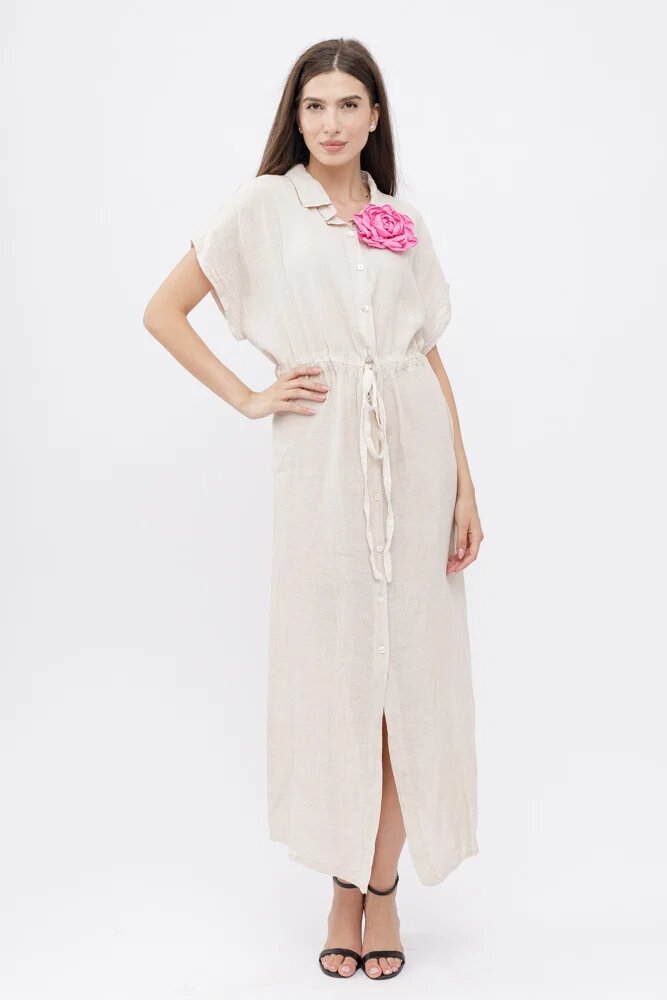 Shopika Rochie camasa din in cu snur in talie bej