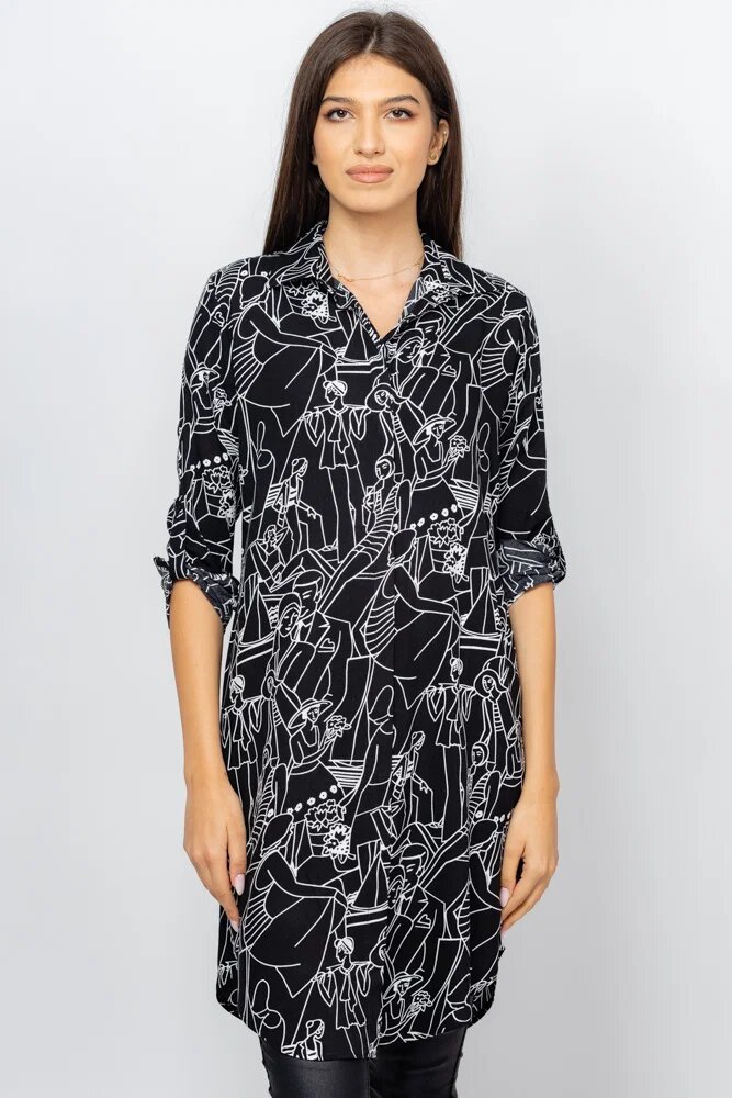 Shopika Rochie camasa neagra midi cu imprimeu grafic alb