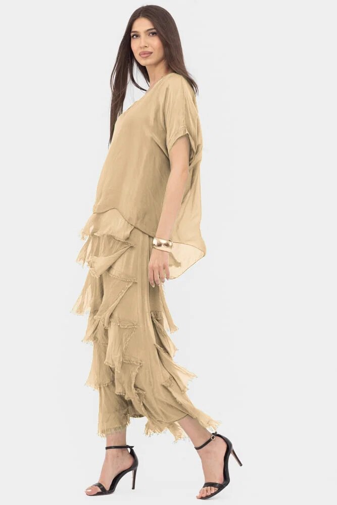 Shopika Rochie camel deschis din matase si vascoza cu volane franjurate suprapuse