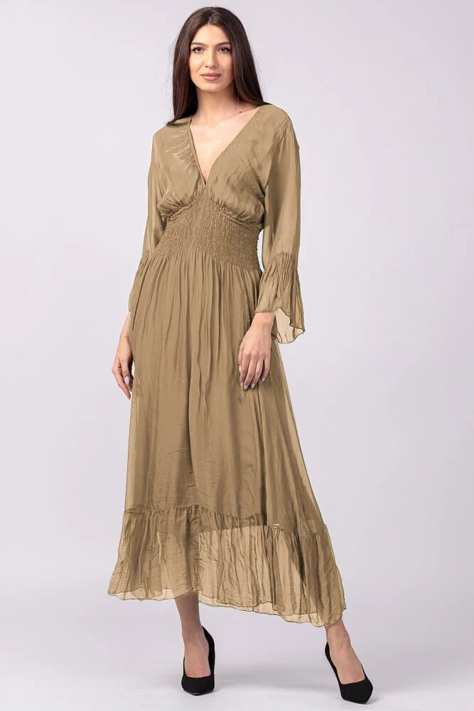 Shopika Rochie camel din matase si vascoza cu banda elastica in talie si volane