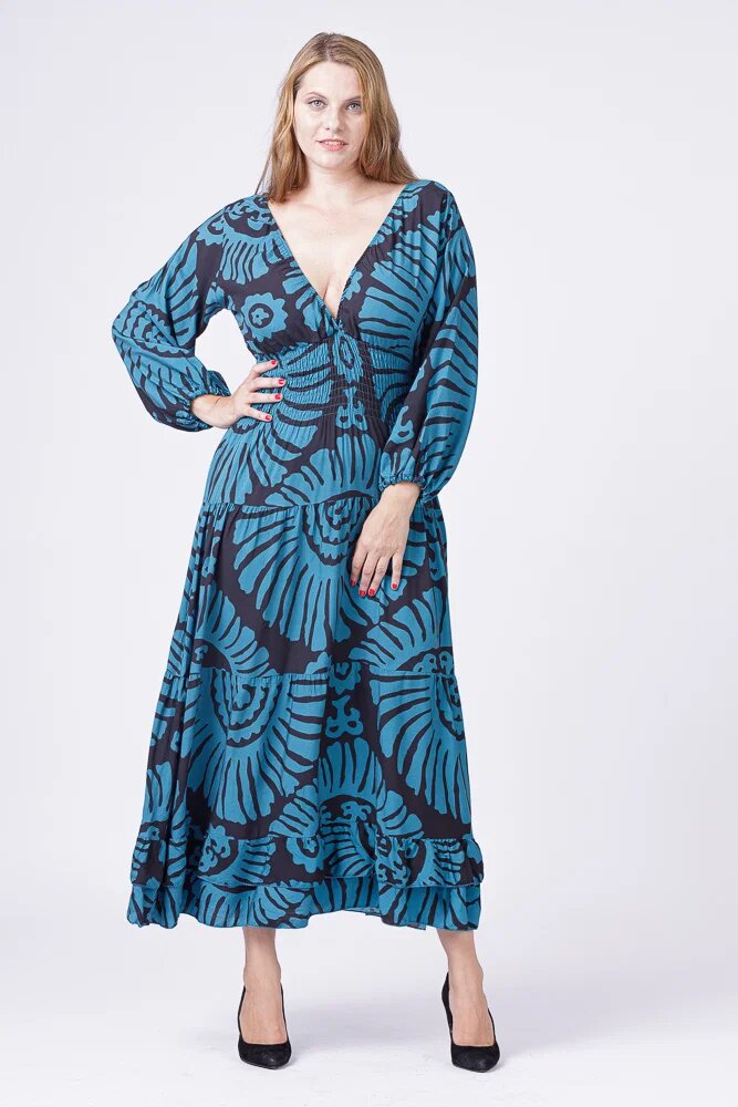 Shopika Rochie cu banda elastica in talie si volane imprimeu turcoaz-negru