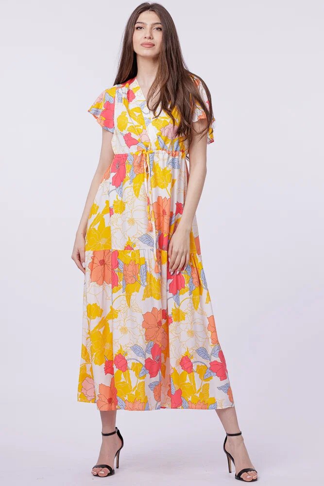 Shopika Rochie cu bust petrecut si imprimeu floral pe fond galben