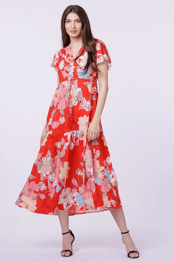 Shopika Rochie cu bust petrecut si imprimeu floral pe fond rosu