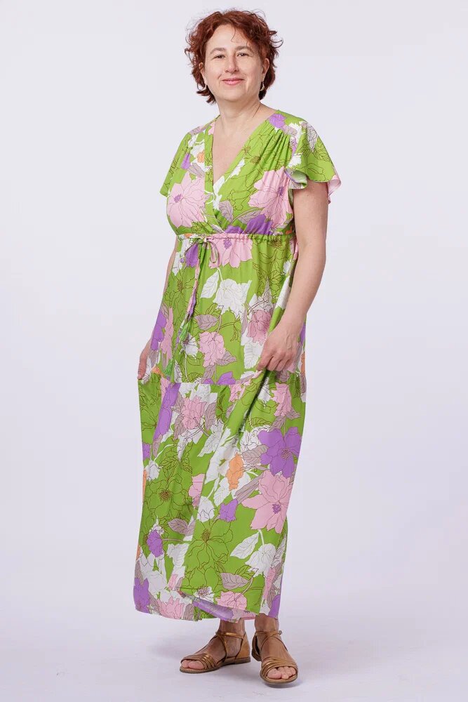 Shopika Rochie cu bust petrecut si imprimeu floral pe fond verde