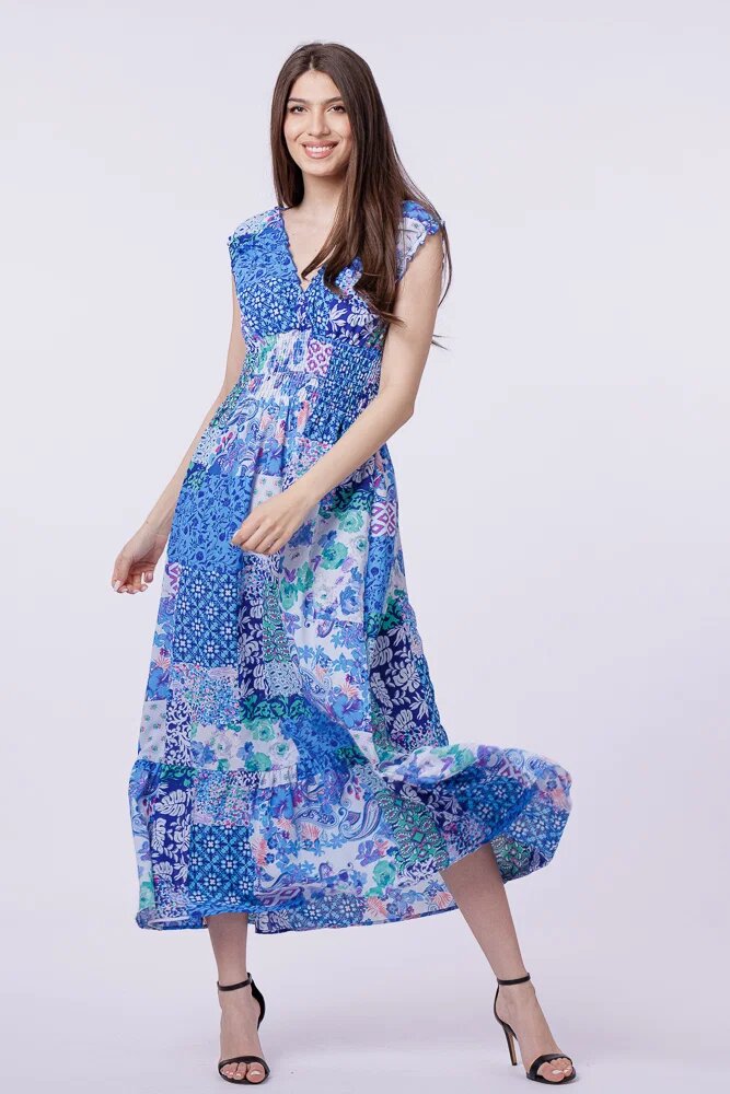 Shopika Rochie cu talia evidentiata si bust petrecut imprimeu floral albastru