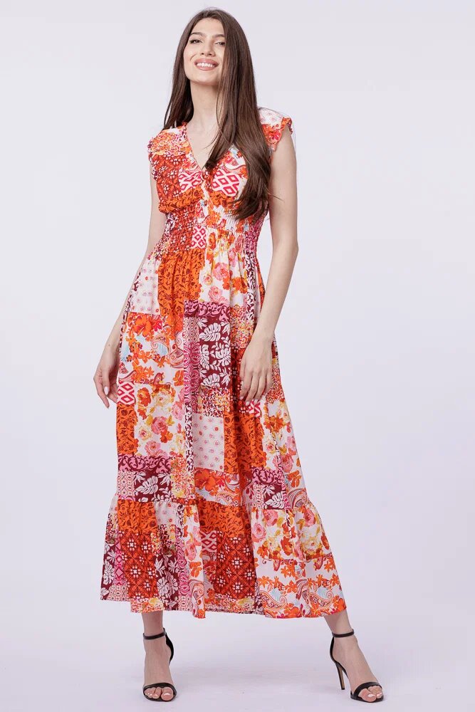 Shopika Rochie cu talia evidentiata si bust petrecut imprimeu floral portocaliu