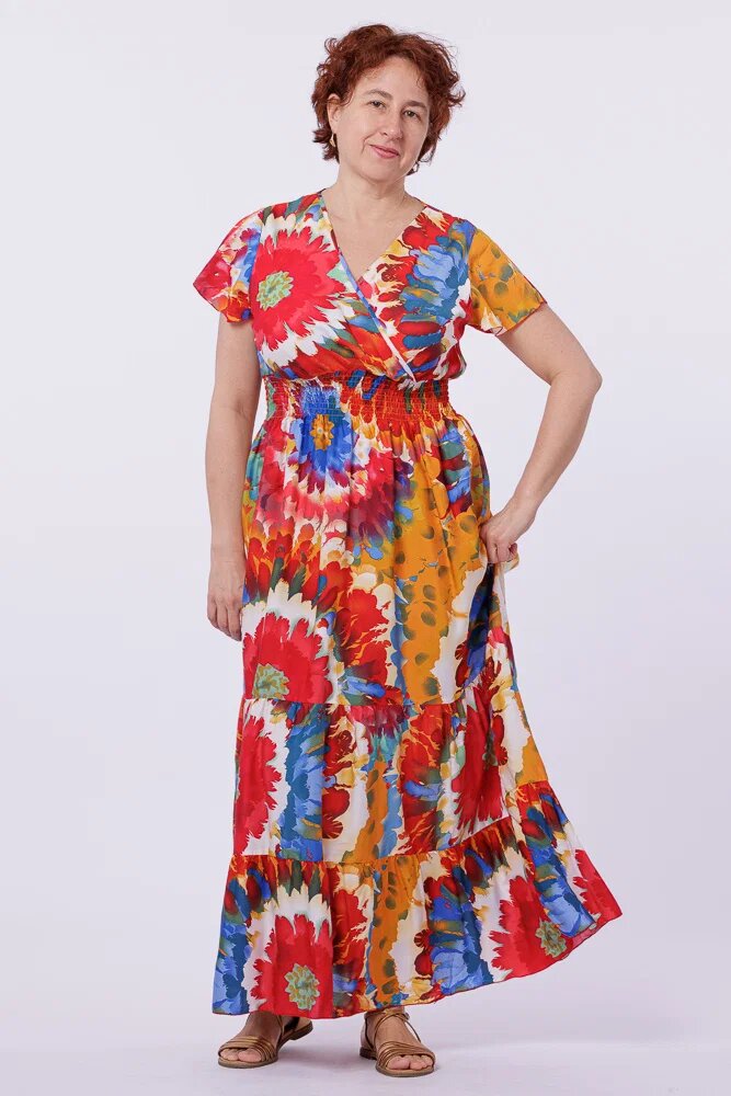 Shopika Rochie cu talia evidentiata si bust petrecut imprimeu floral predominant rosu