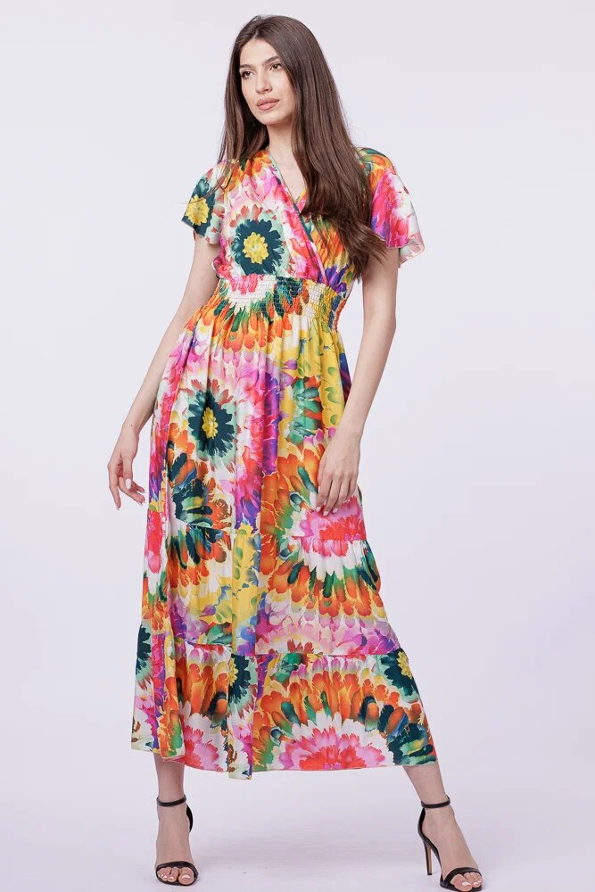Shopika Rochie cu talia evidentiata si bust petrecut imprimeu floral predominant verde-portocaliu
