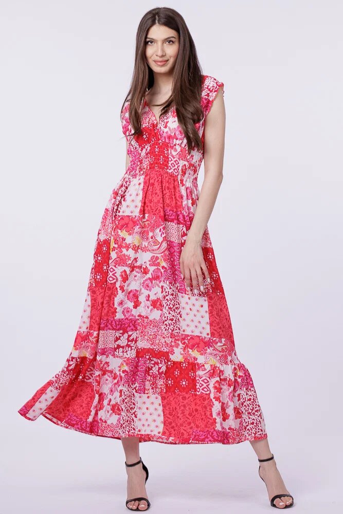 Shopika Rochie cu talia evidentiata si bust petrecut imprimeu floral rosu