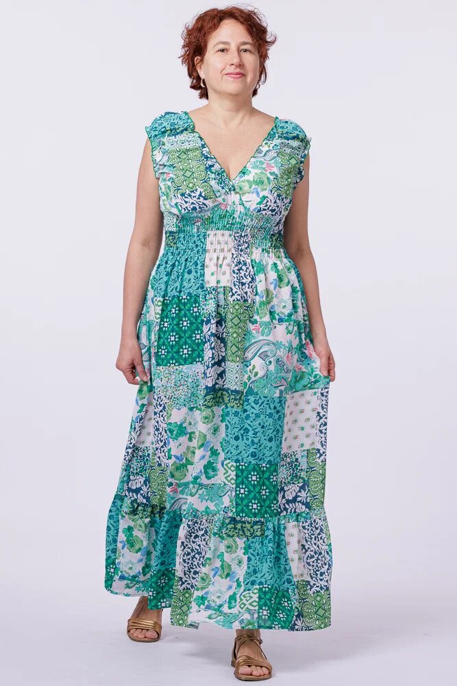 Shopika Rochie cu talia evidentiata si bust petrecut imprimeu floral verde