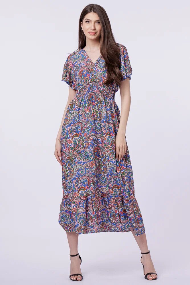 Shopika Rochie cu talia evidentiata si bust petrecut imprimeu paisley pe fond albastru