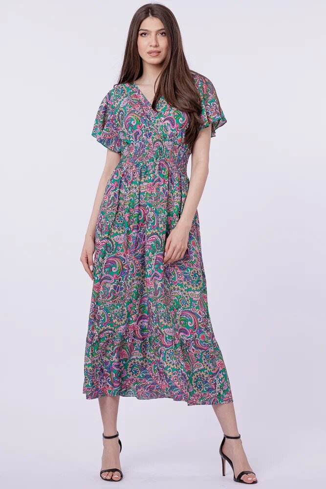 Shopika Rochie cu talia evidentiata si bust petrecut imprimeu paisley pe fond verde