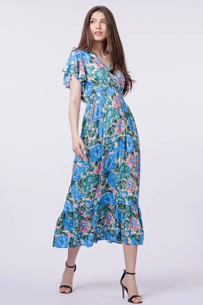 Shopika Rochie cu talia evidentiata si bust petrecut si imprimeu cu flori albastre-roz