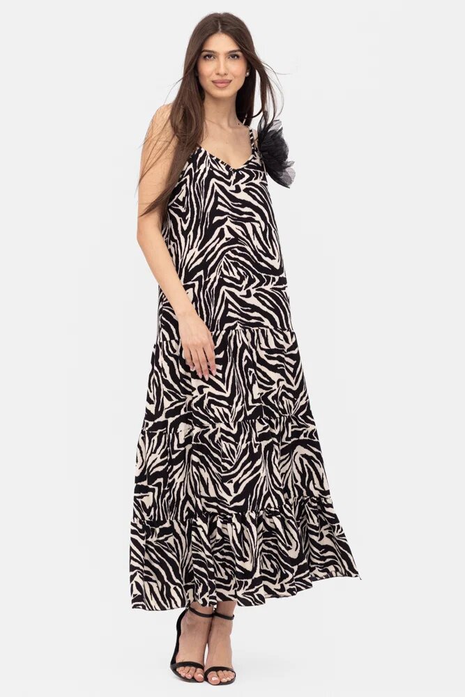 Shopika Rochie cu volane si bretelute lunga animal print alb-negru