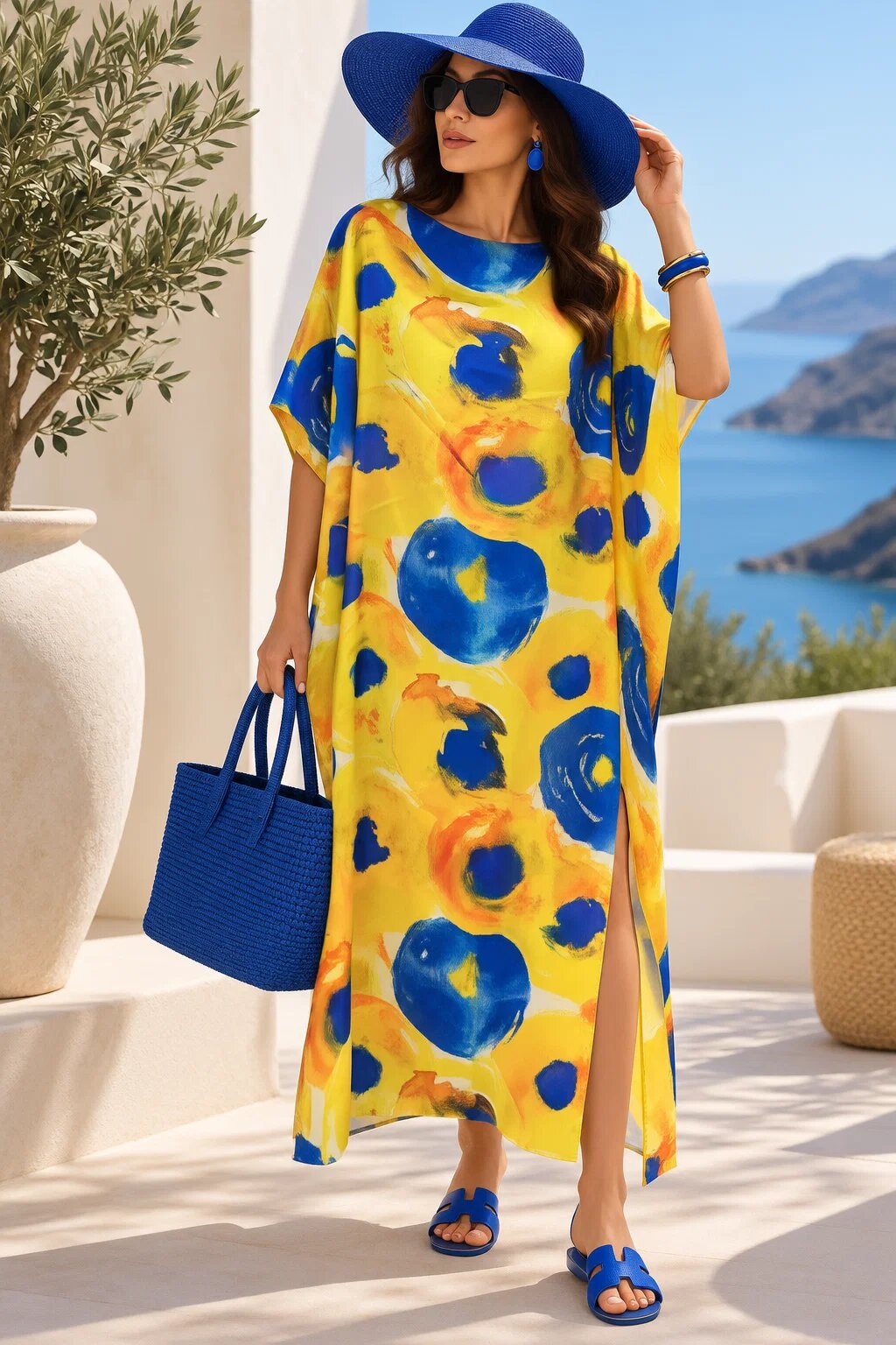 Shopika Rochie de plaja lunga tip poncho din matase cu flori galbene pe fond galben