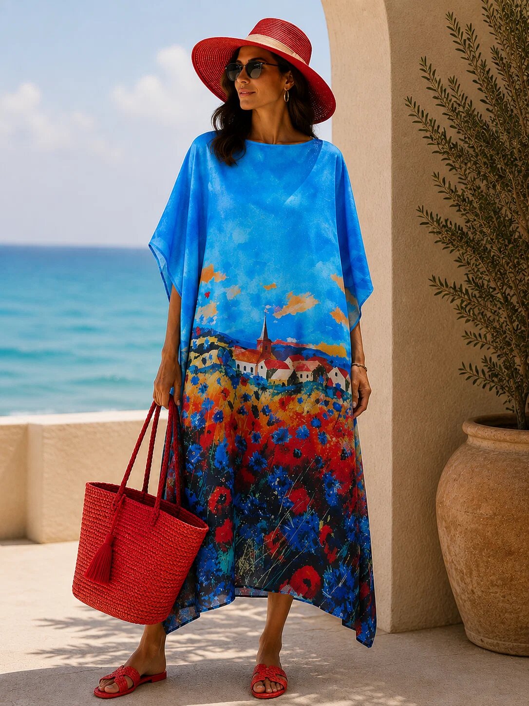 Shopika Rochie de plaja lunga tip poncho din matase cu peisaj cu maci pe fond albastru