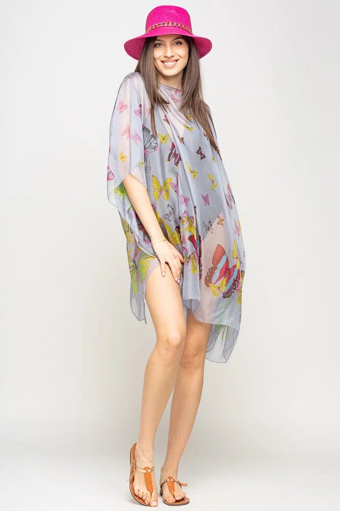 Shopika Rochie de plaja tip poncho cu fluturi pe fond gri deschis vascoza