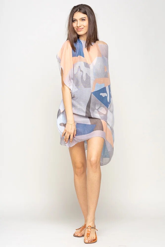 Shopika Rochie de plaja tip poncho cu model abstract in nuante de gri albastru si bleu vascoza
