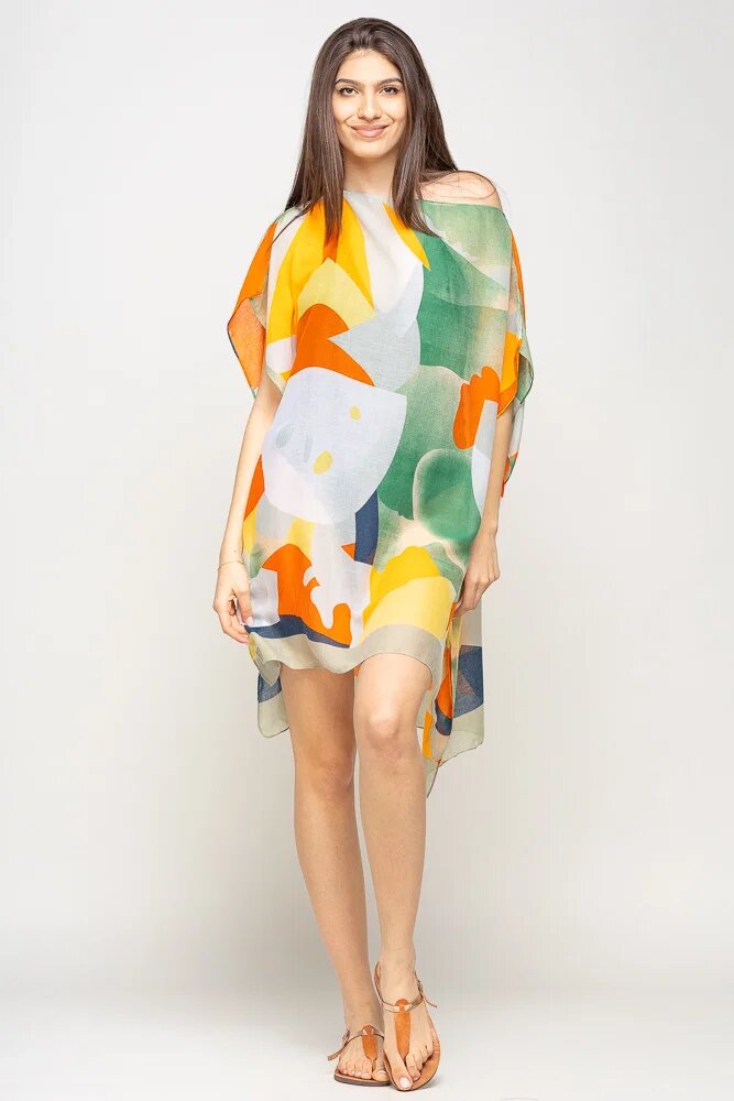 Shopika Rochie de plaja tip poncho cu model abstract in nuante de portocaliu galben si verde vascoza