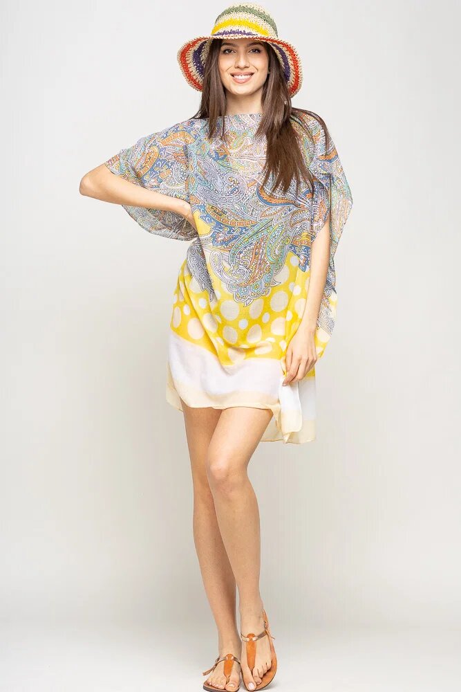 Shopika Rochie de plaja tip poncho cu motive florale si buline galbene vascoza