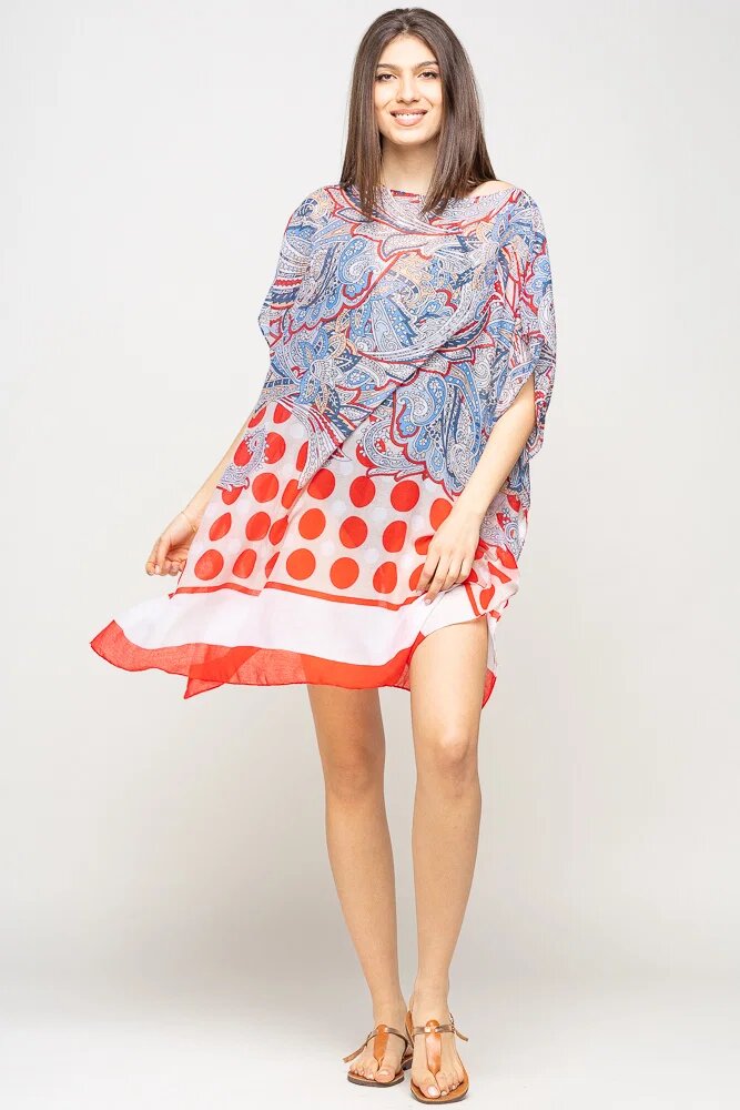 Shopika Rochie de plaja tip poncho cu motive florale si buline rosii vascoza