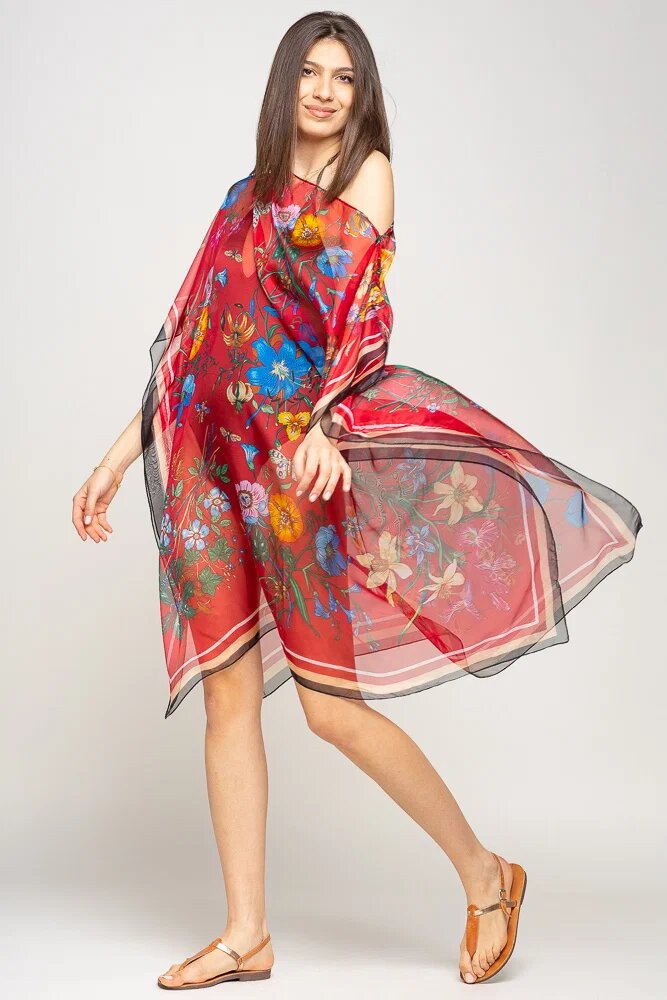 Shopika Rochie de plaja tip poncho de plaja cu flori si fluturi pe fond rosu matase si vascoza
