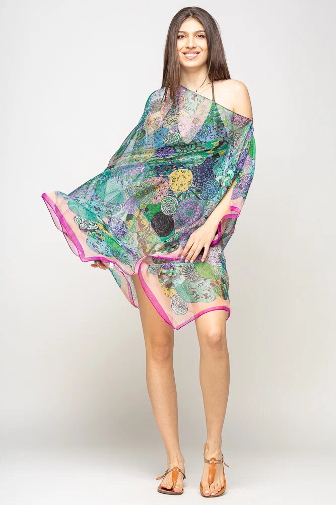 Shopika Rochie de plaja tip poncho de plaja cu mandale multicolore si margine mov cu roz matase si vascoza