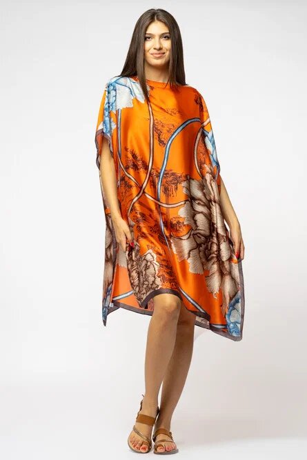 Shopika Rochie de plaja tip poncho din matase cu imprimeu abstract pe fond portocaliu