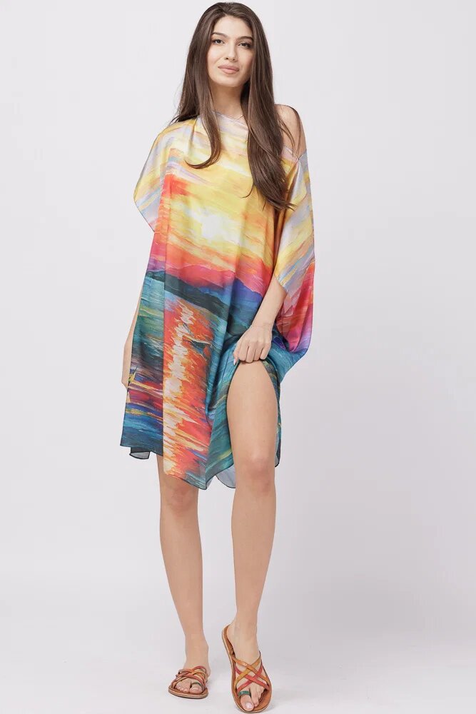 Shopika Rochie de plaja tip poncho din matase cu imprimeu apus de soare pe apa