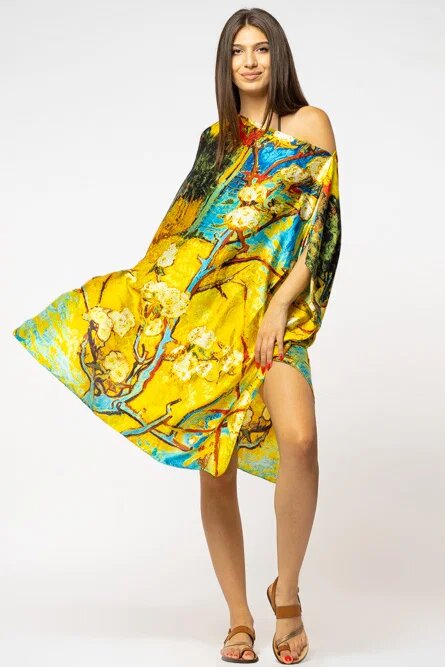 Shopika Rochie de plaja tip poncho din matase cu imprimeu inspirat din pictura moderna cu galben si albastru