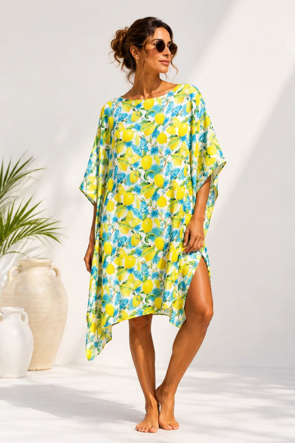 Shopika Rochie de plaja tip poncho din matase cu imprimeu mediteranean cu lamai si fluturi